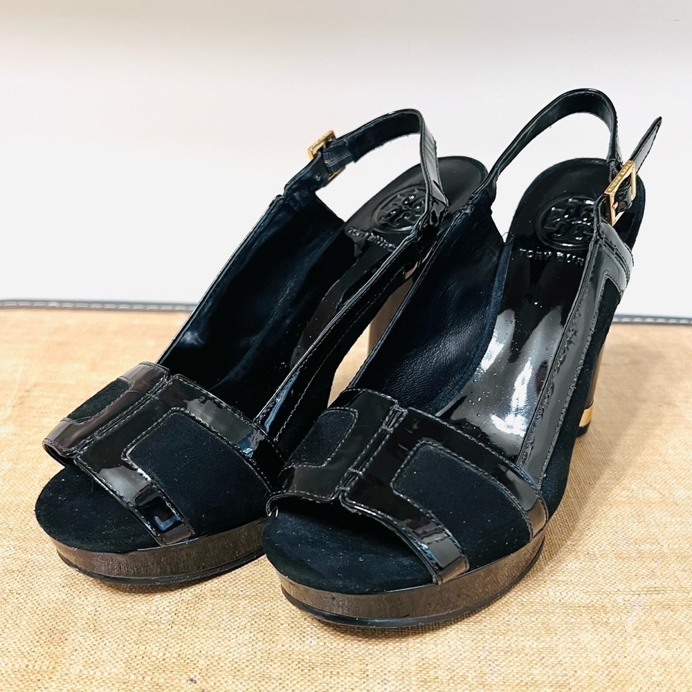 ❤️TORY Burch Black Suede Patent Leather Slingback "Gemma" Platforms Sz: 6.5M - Picture 3 of 9